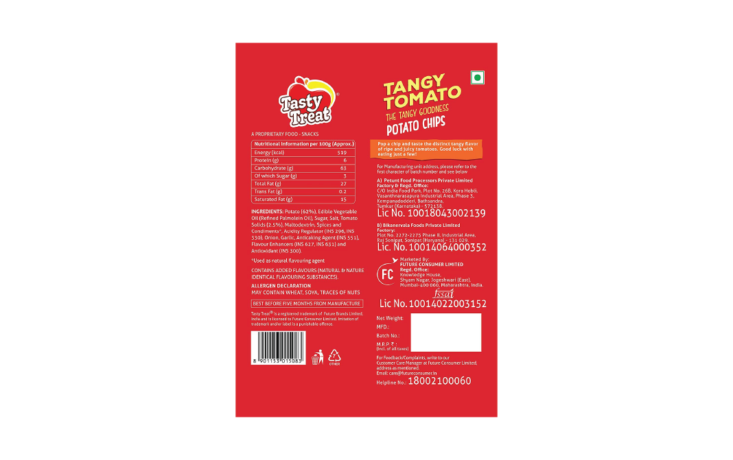 Tasty Treat Tangy Tomato Potato Chips    Pack  55 grams
